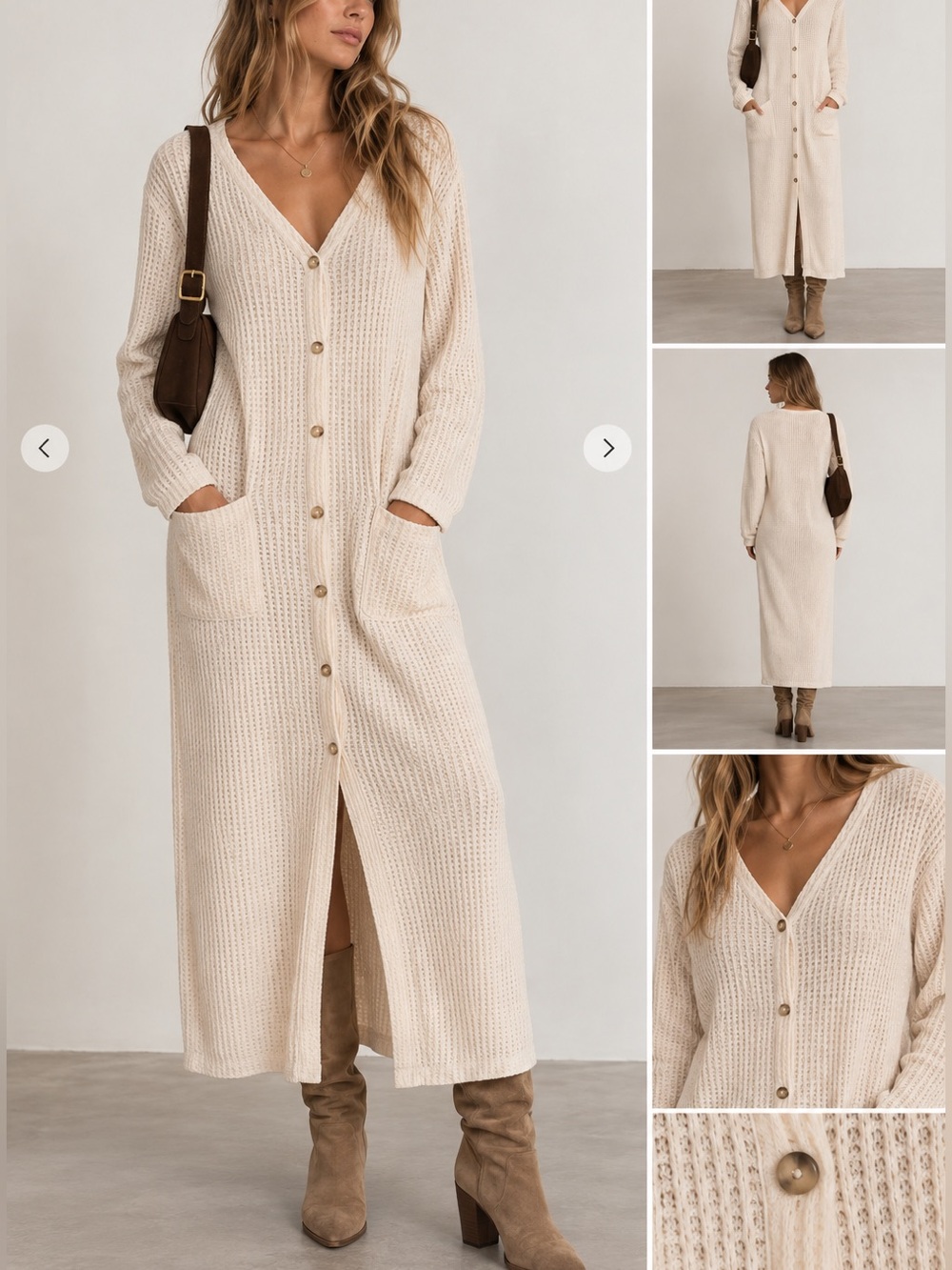 Long Button-Front Knit Dress - Cream